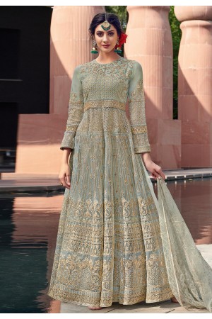 Light green net embroidered long anarkali suit  1641